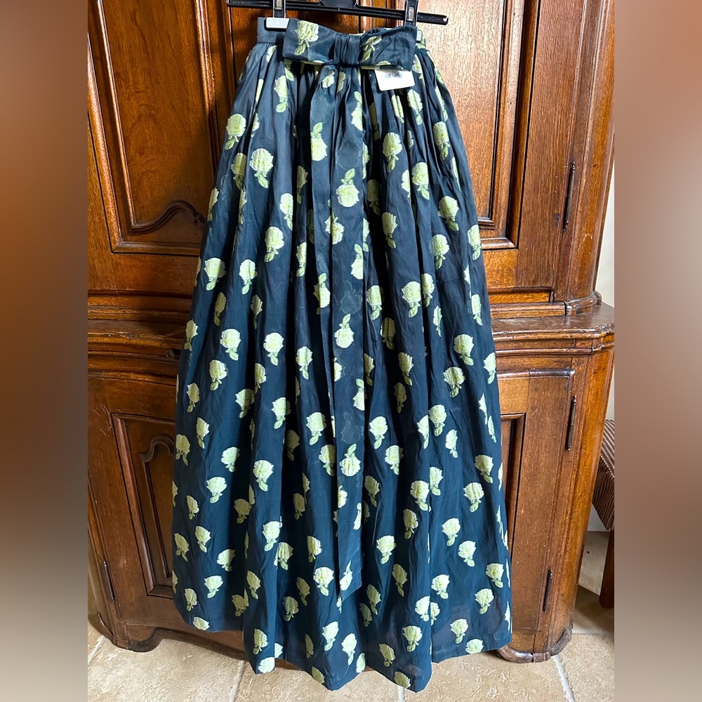 Asprey Women’s Long Bow Skirt in Blue with Olive Green Flowers